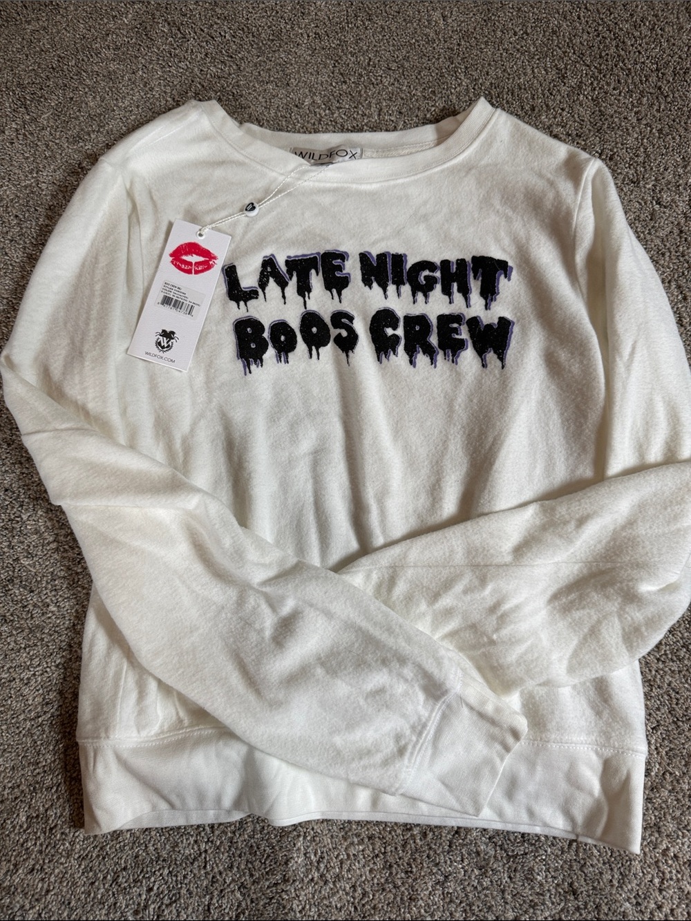 Wildfox White Crewneck with Black-Purple 'Late Night Boos Crew' Graphic bbj